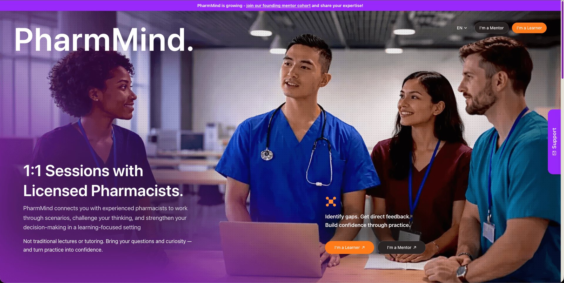 PharmMind homepage showing the "I’m a Mentor" button in the top-right corner
