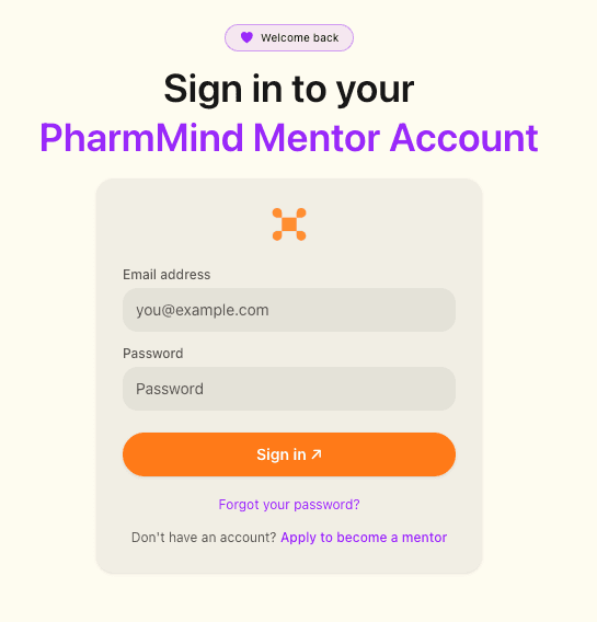 PharmMind mentor sign-in page